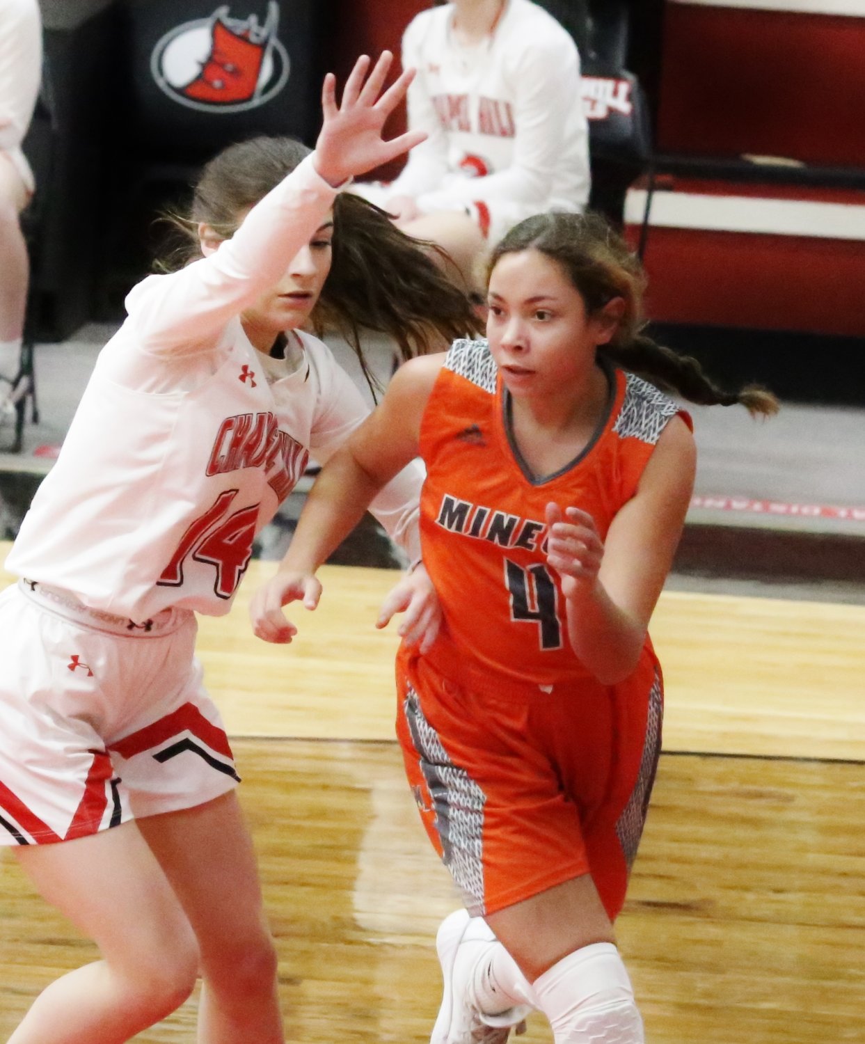 Lady Jacket Madison Bloodworth looks for a pass while making a back door cut to the basket.